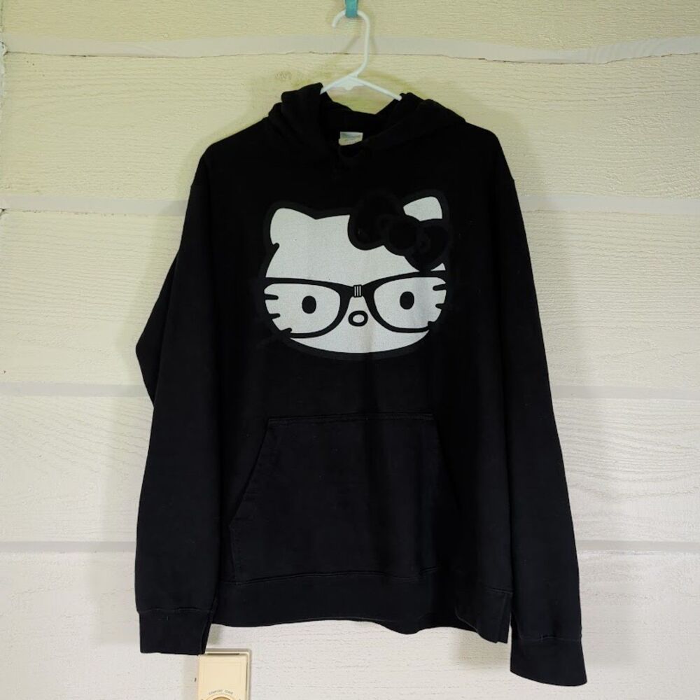 Hello Kitty Nerd Glasses Graphic Print Black Pullover Hoodie L